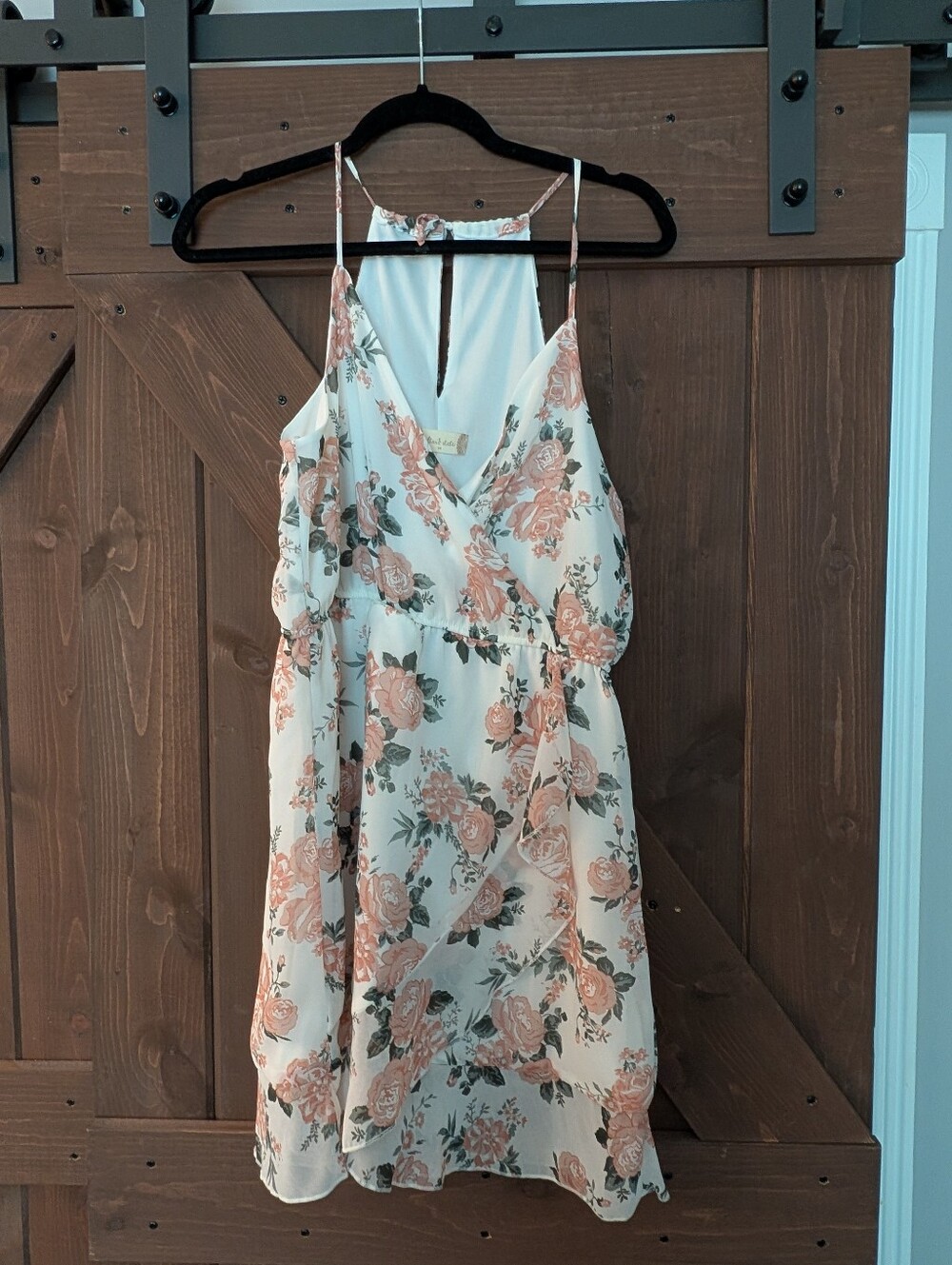 Altar'd State White Floral Spaghetti-Strap Wrap Mini Dress with Peach Roses
